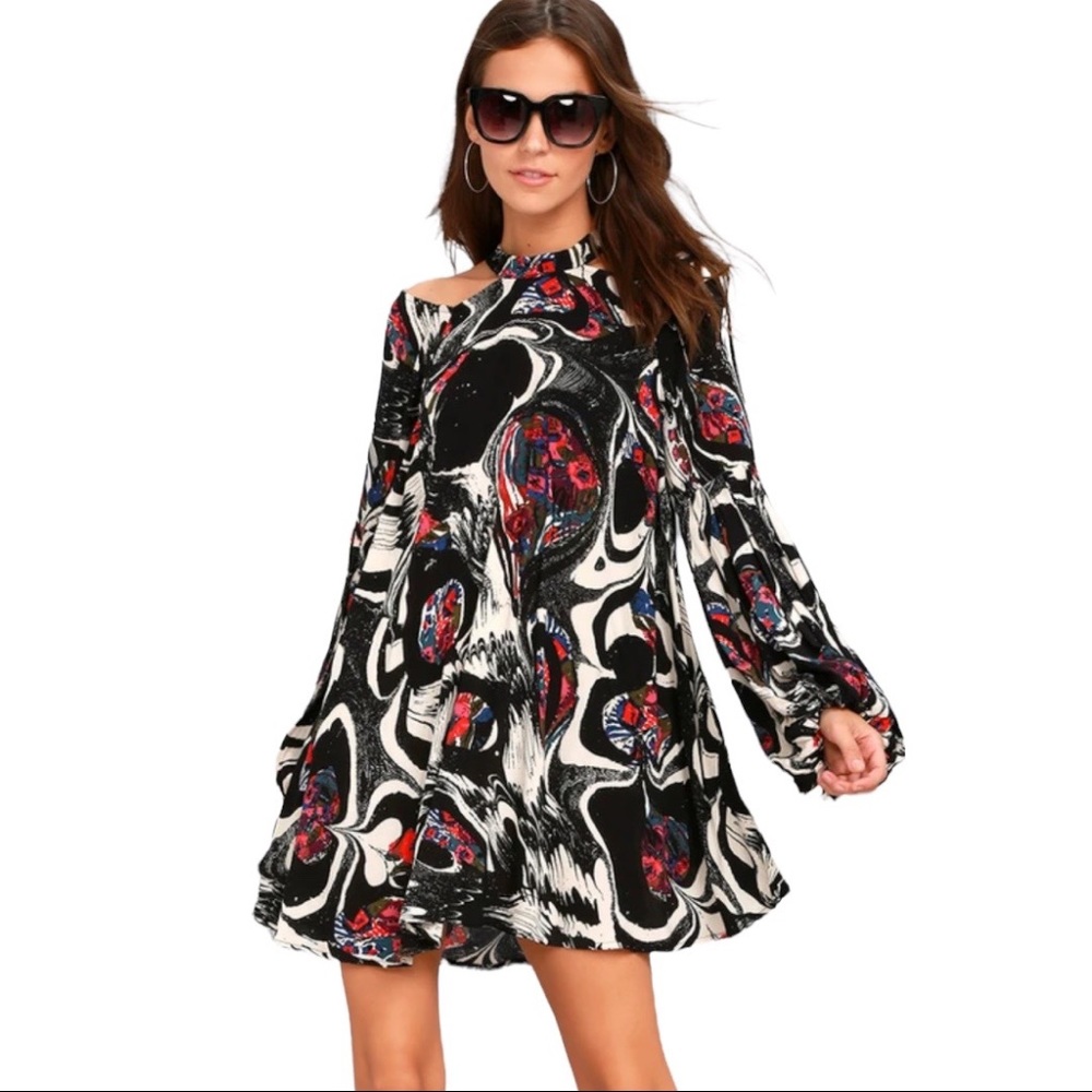 FREE PEOPLE Drift Away Black Abstract Print Cold Shoulder Tunic Top Dress - SZ M